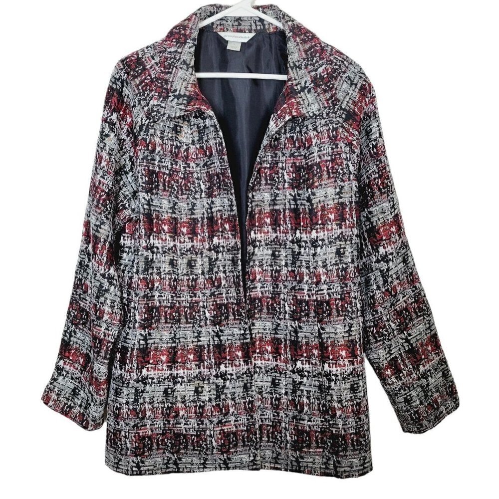 Christopher & Banks Sz Large Jacquard Open Front Jacket Embroidered Red Black